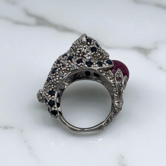 RARE Vintage Sterling Silver and Ruby Ball Panther Cub Ring - Picture 3 of 6